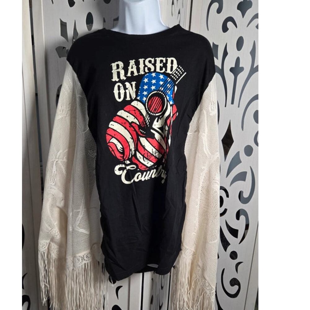 Upcycled Raised on Country Graphic  Tee Fringe Ponch Boho Lace Top Handmade OS